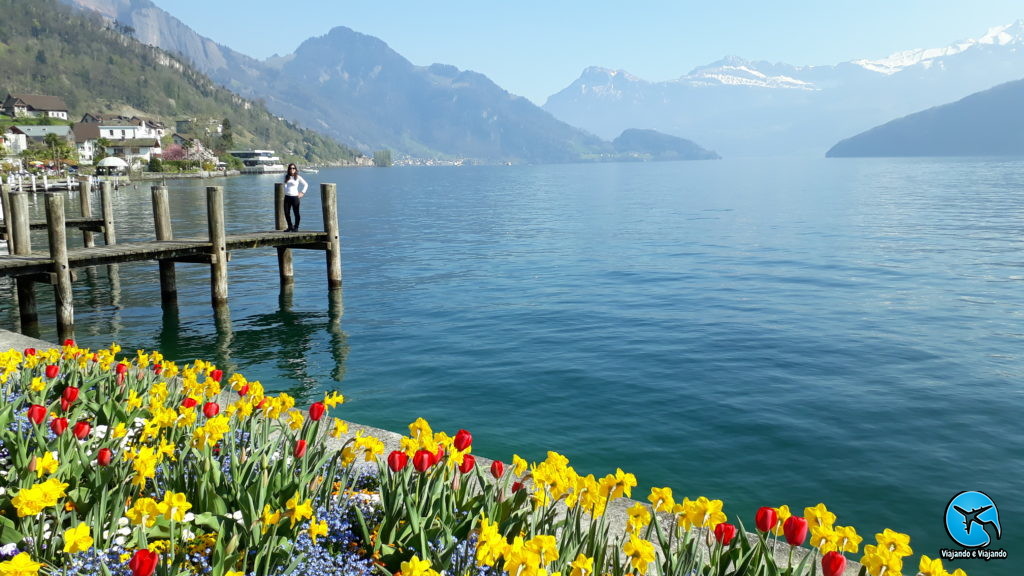 Flores em Weggis vista para o Lago Lucerna